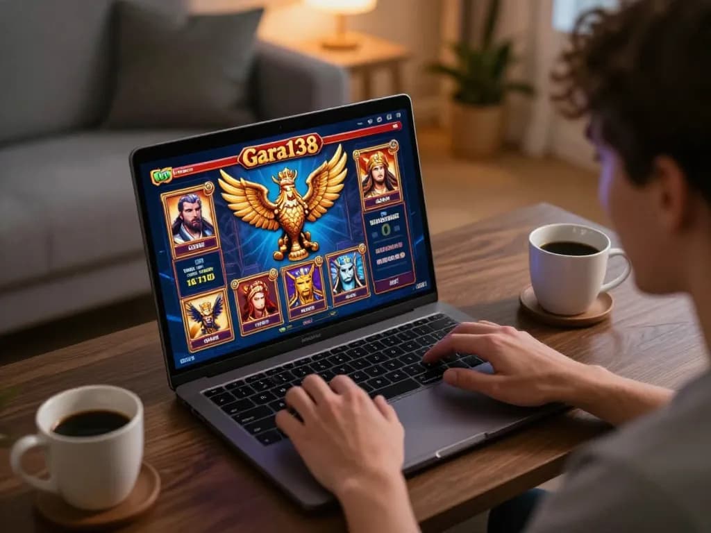 Player enjoying online slots on king garuda138 platform from a cozy home setup with engaging screen visuals.