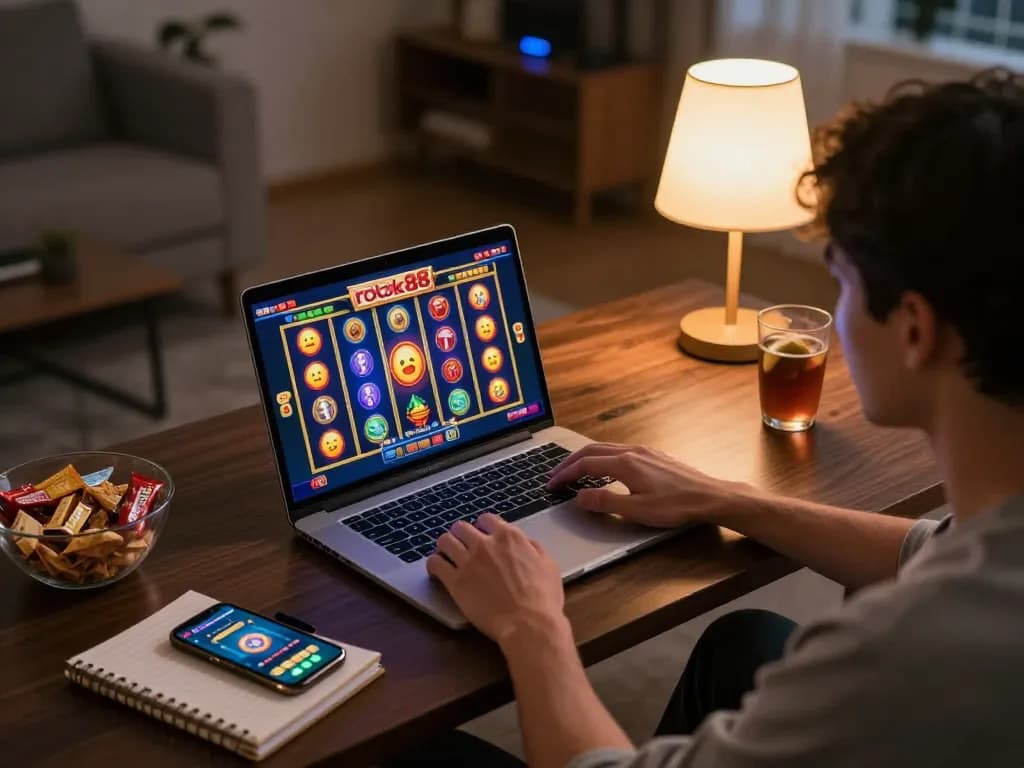 Pemain menikmati slot rokok88 di laptop di pengaturan rumah yang nyaman dengan aksesori permainan.