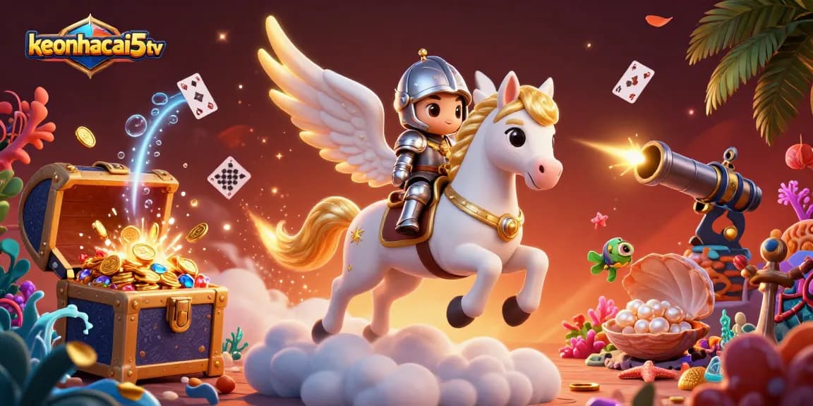 Keonhacai5tv showcases thrilling gameplay with exploding treasure chests and a knight on a celestial horse.