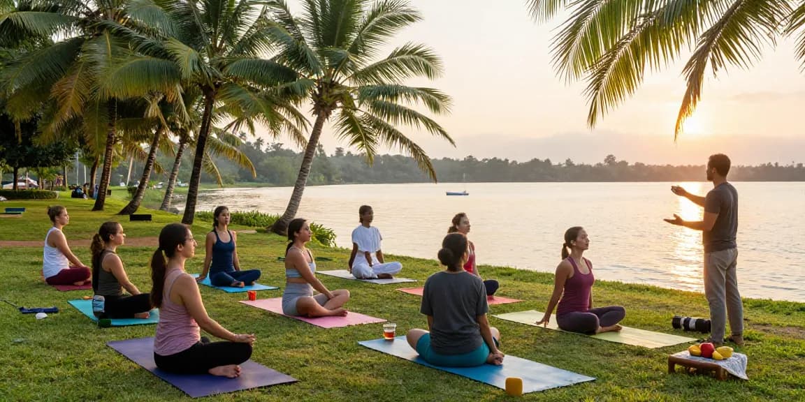 Yoga teacher training Sri Lanka session at sunrise by Koggala Lake with diverse participants.