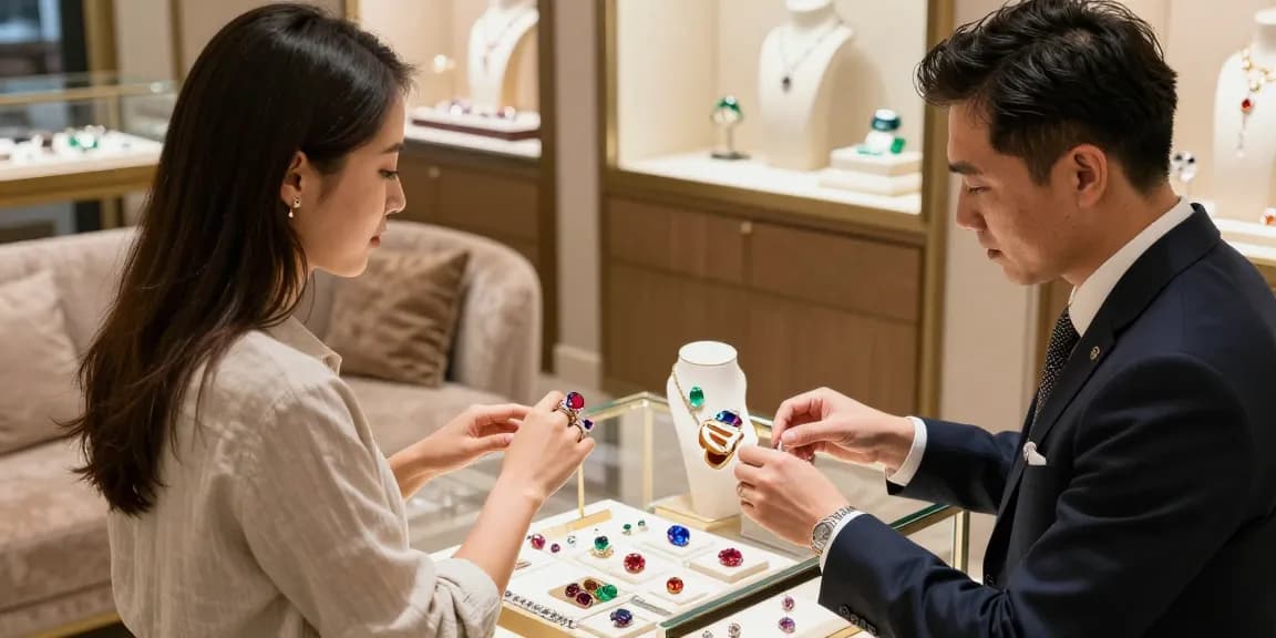 Shopper exploring gemstones at https://www.mygemspot.com with assisted guidance in an elegant jewelry store setting.