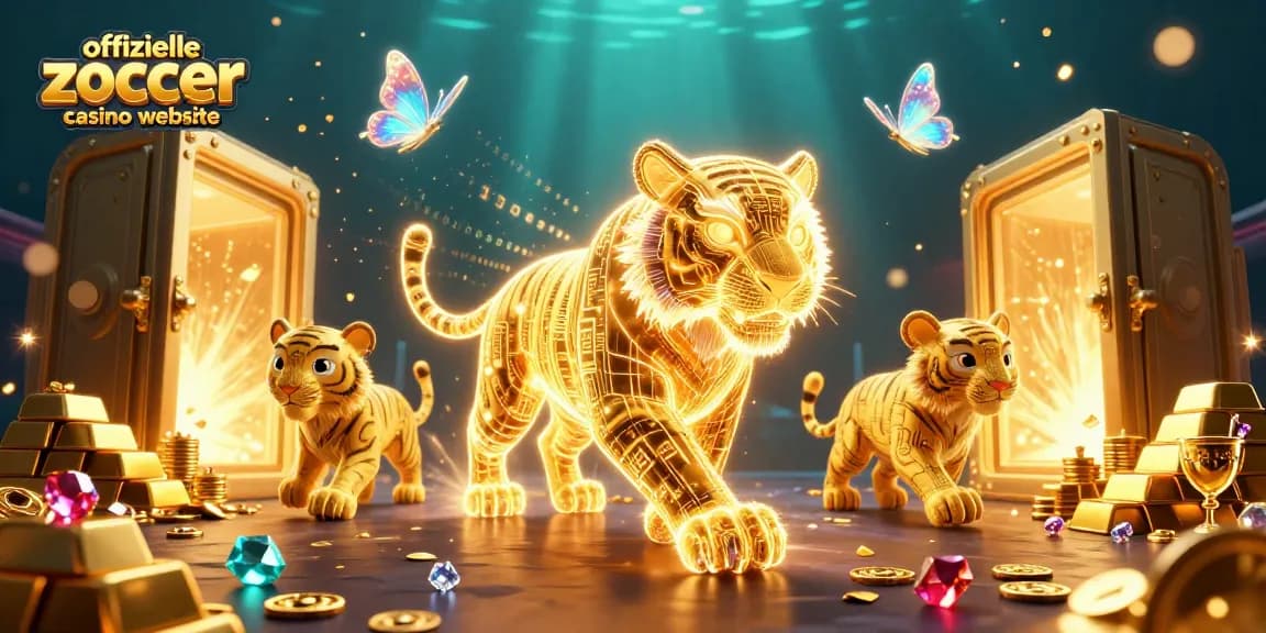 Interaktive 3D-Illustration der offiziellen Zoccer Casino Website mit einem goldenen Tiger im digitalen Casino.