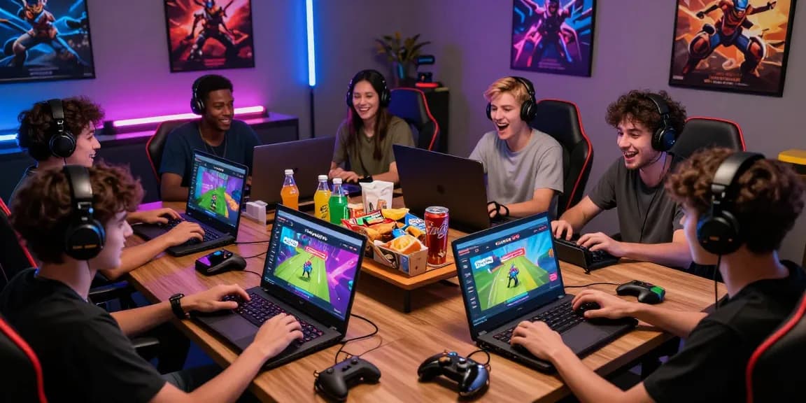 Pengalaman bermain game online yang seru dengan cipung138, teman-teman menikmatinya bersama pada berbagai perangkat di lingkungan yang penuh warna dan cahaya LED.