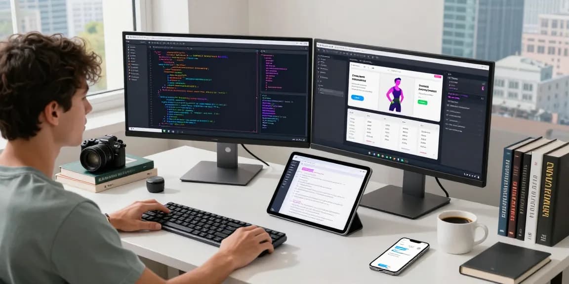 Build Android apps from scratch in a dynamic workspace with code on screens, a developer at work, and app design elements.