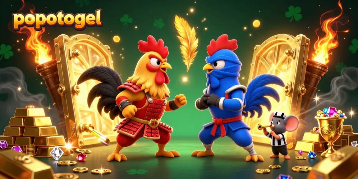 Win big with popotogel as fierce fighting roosters duel in an exciting 3D gambling scene.