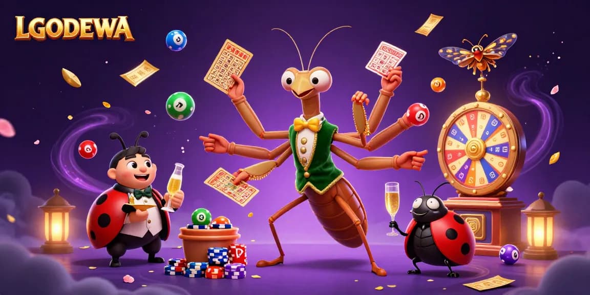 Engage with LGODEWA's exciting casino experience, featuring vibrant lottery elements and cartoon characters in a dynamic scene.