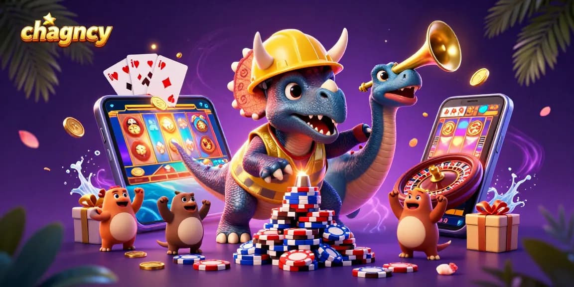 Join the celebration with chagency as triceratops builds poker chip pyramid amidst vibrant casino elements.