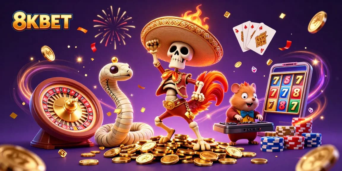 Experience the thrill of 8KBET with vibrant characters and casino elements celebrating winnings.