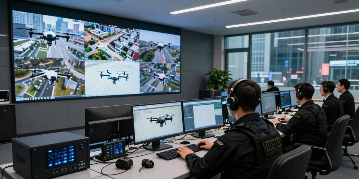 Operator monitoring Anti drone jammer systems in a high-tech control room.