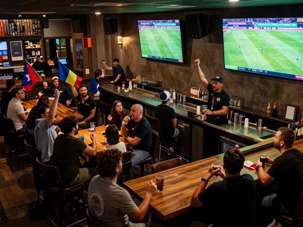 Socolive trực tiếp bóng đá viewed in a lively sports bar, fans engaging with screens and each other during soccer matches