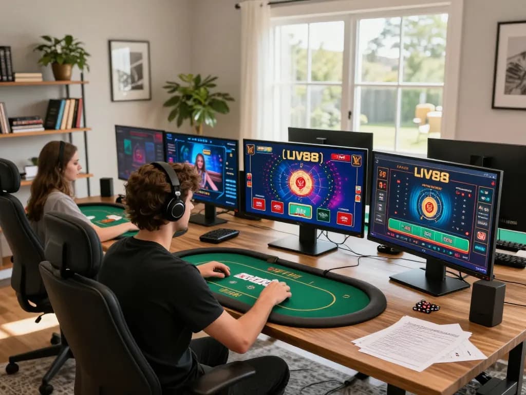 Enjoying an immersive LV88 online poker session at a stylish home office.