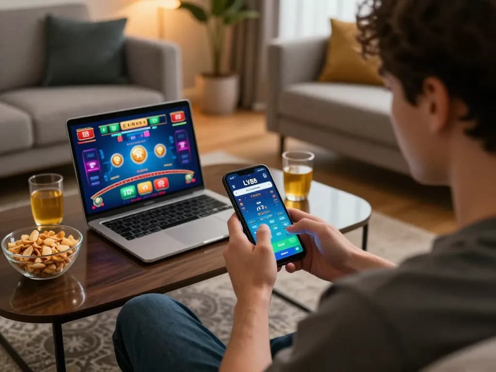 Engaging player betting on the LV88 app from home, creating strategic online gaming atmosphere.