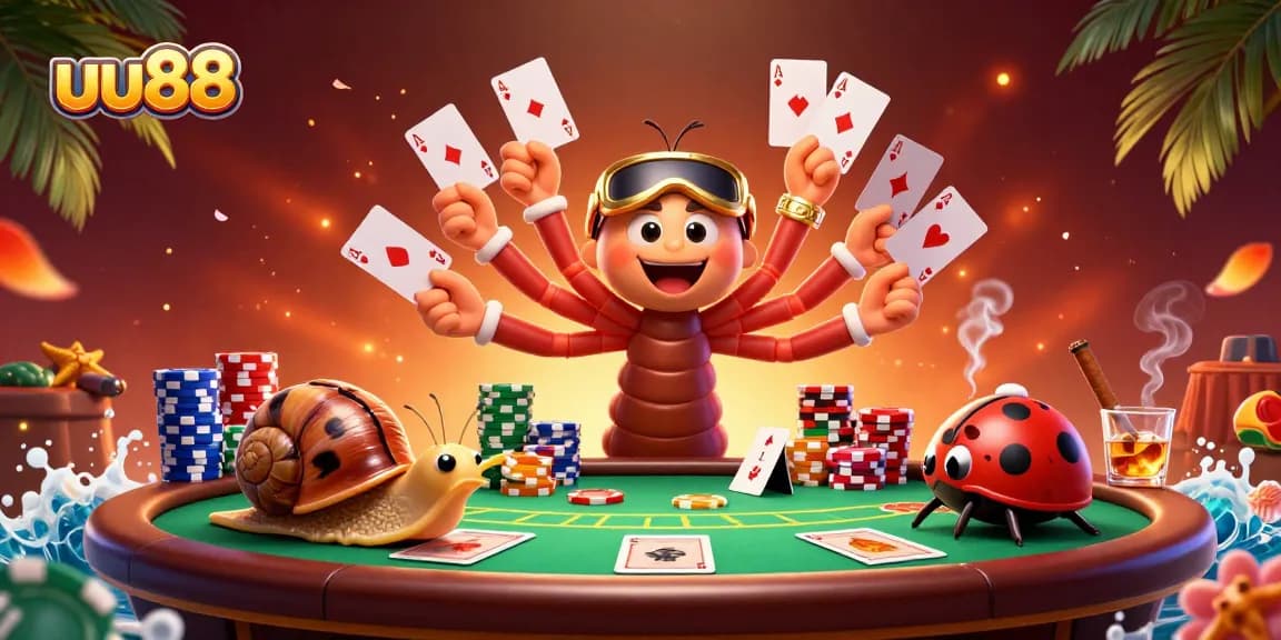 Experience uu88's vibrant gambling world with a millipede dealer, snail high-roller, and exciting game elements.