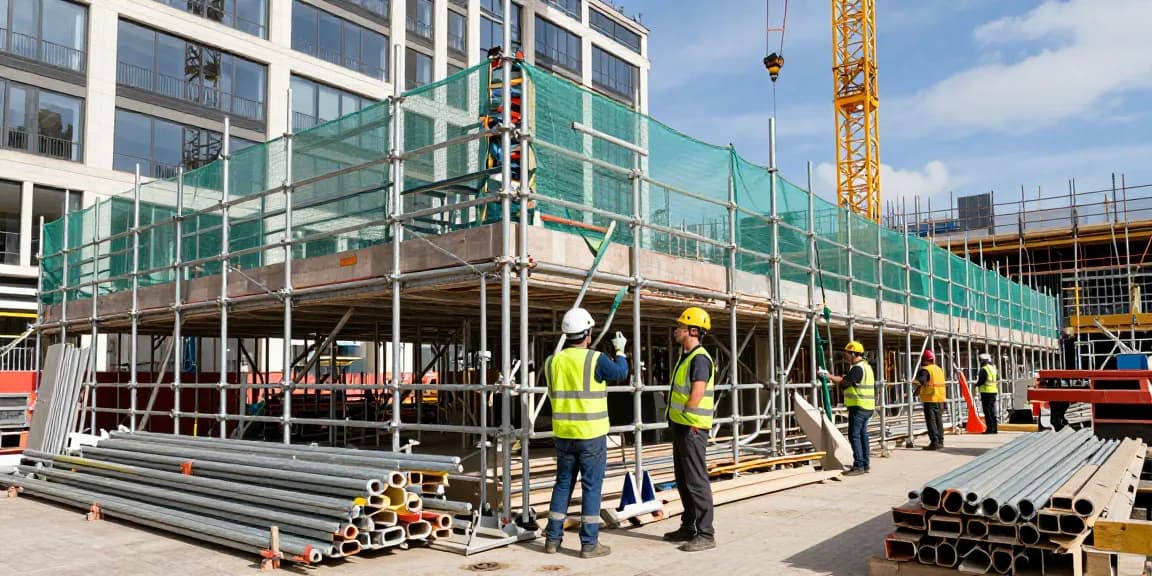 Commercial Scaffolding London team working on a bustling construction site.
