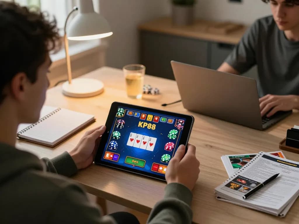 Engaged player experiencing KP88 online casino gameplay on a tablet at home.