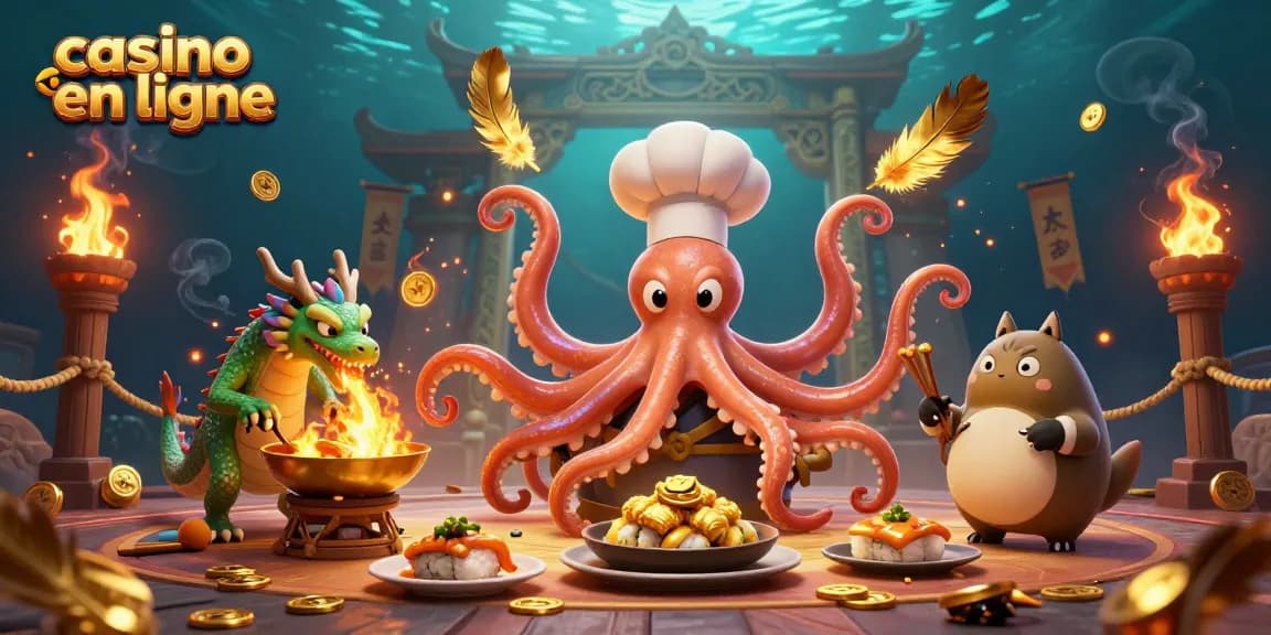 Jouer sur un casino en ligne avec un chef sushi pieuvre et un dragon en feu.