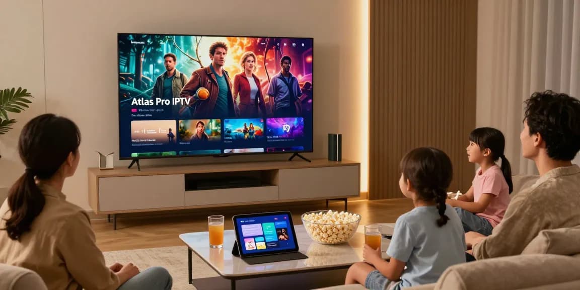 Family enjoying Atlas Pro IPTV streaming on smart TV, cozy living room ambiance.