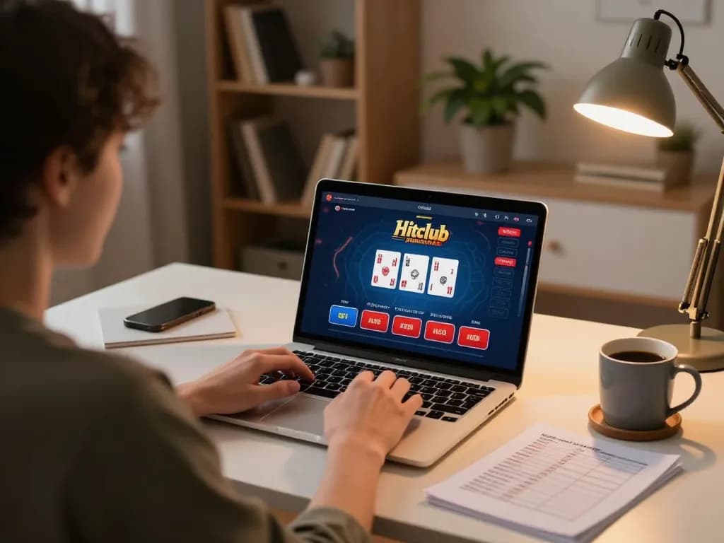 Engaging with Hitclub online casino on laptop, showcasing responsible gaming environment.