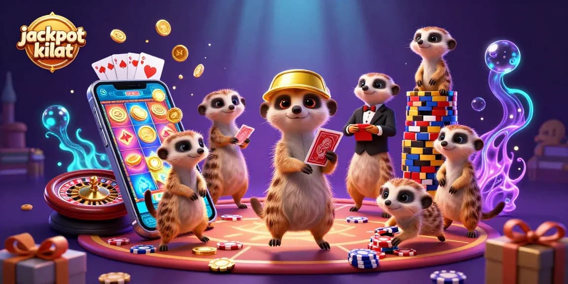 Engage with the jackpot kilat casino world featuring lively meerkats managing a colorful slot operation.