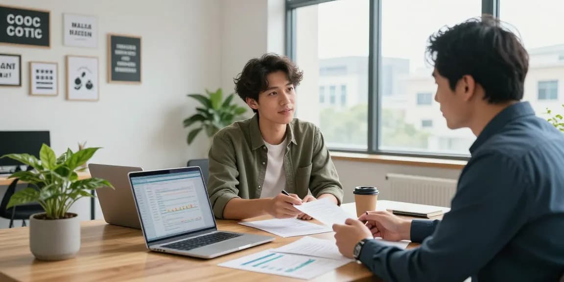 現代的なオフィス環境での、みん社保サービスに関する魅力的なコンサルテーションを強調したプロフェッショナルなやり取り。
