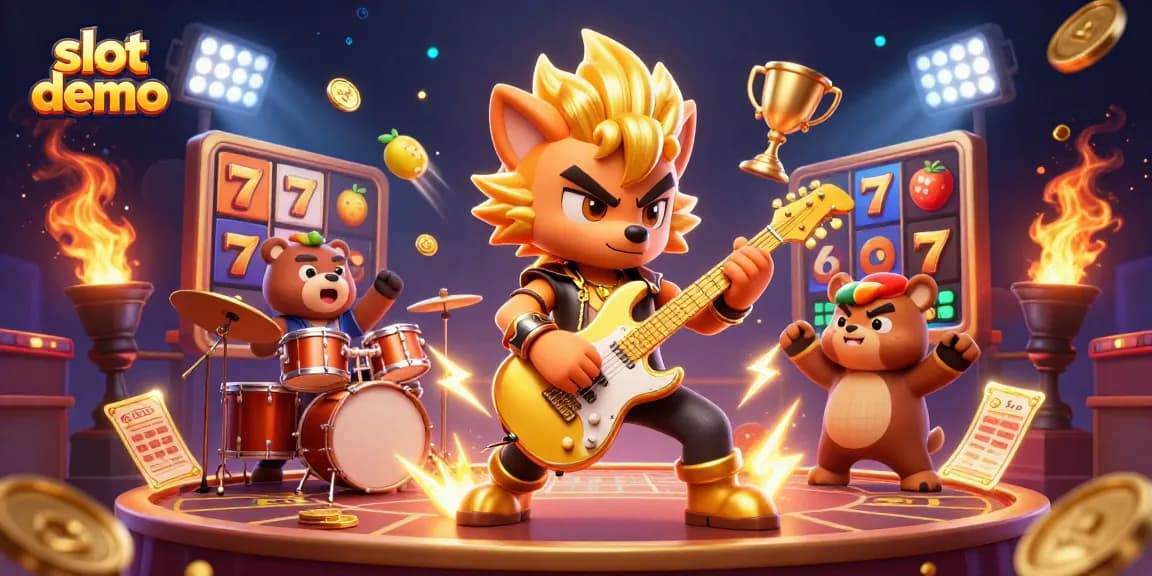 Slot demo menarik dengan karakter kartun dan simbol jackpot penuh warna di latar belakang yang mendebarkan.