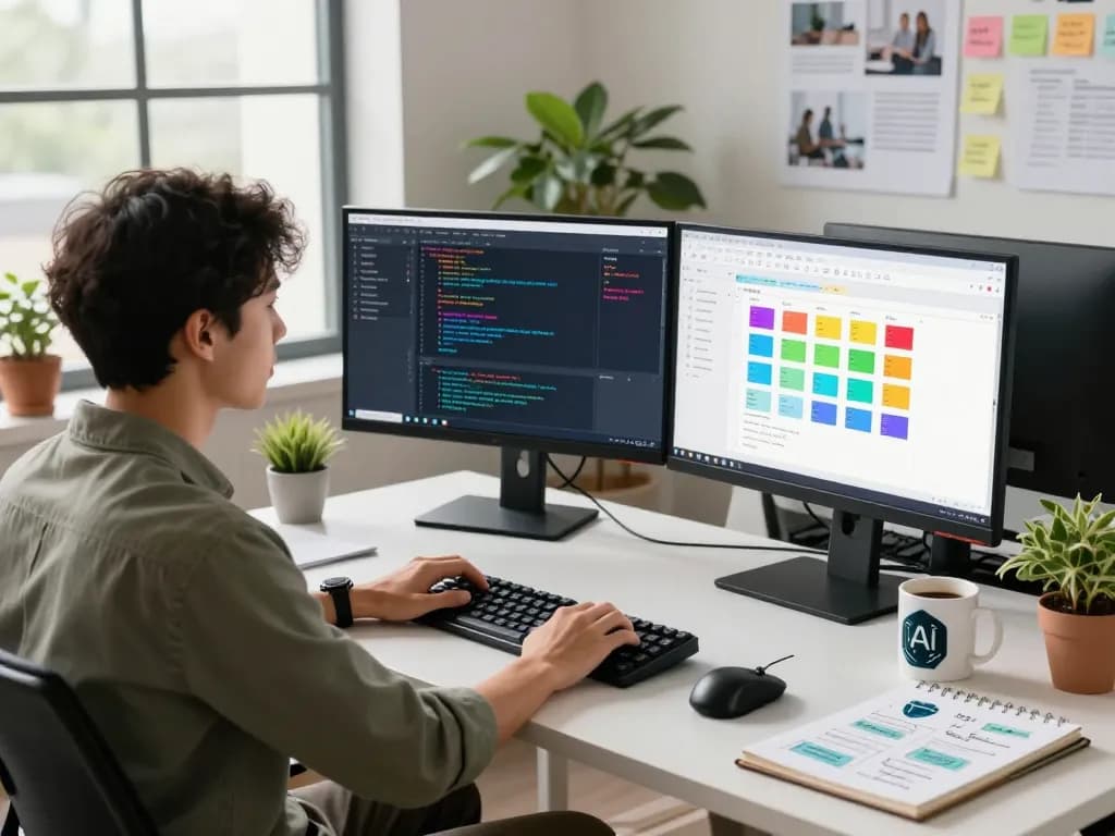 openclawd AI development workspace with dual monitors and brainstorming wall