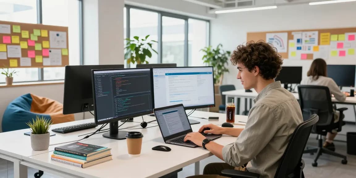Dynamic tech workspace showcasing collaboration at teiegramin.com with modern coding setup and vibrant environment.