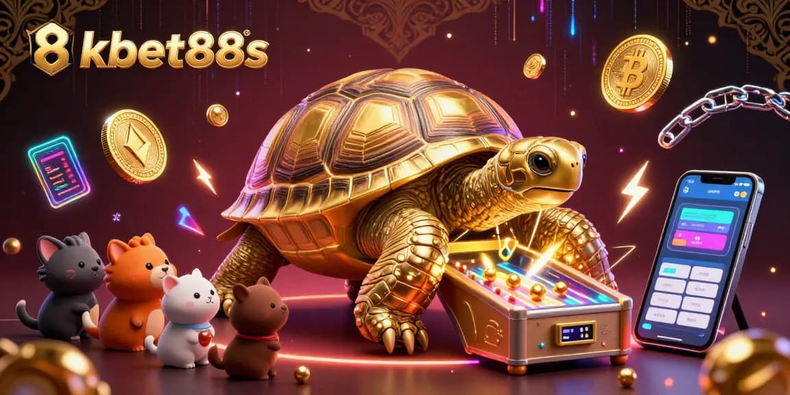 Play exciting games with 8kbet88s featuring a colorful pinball machine tortoise and cryptocurrency elements.