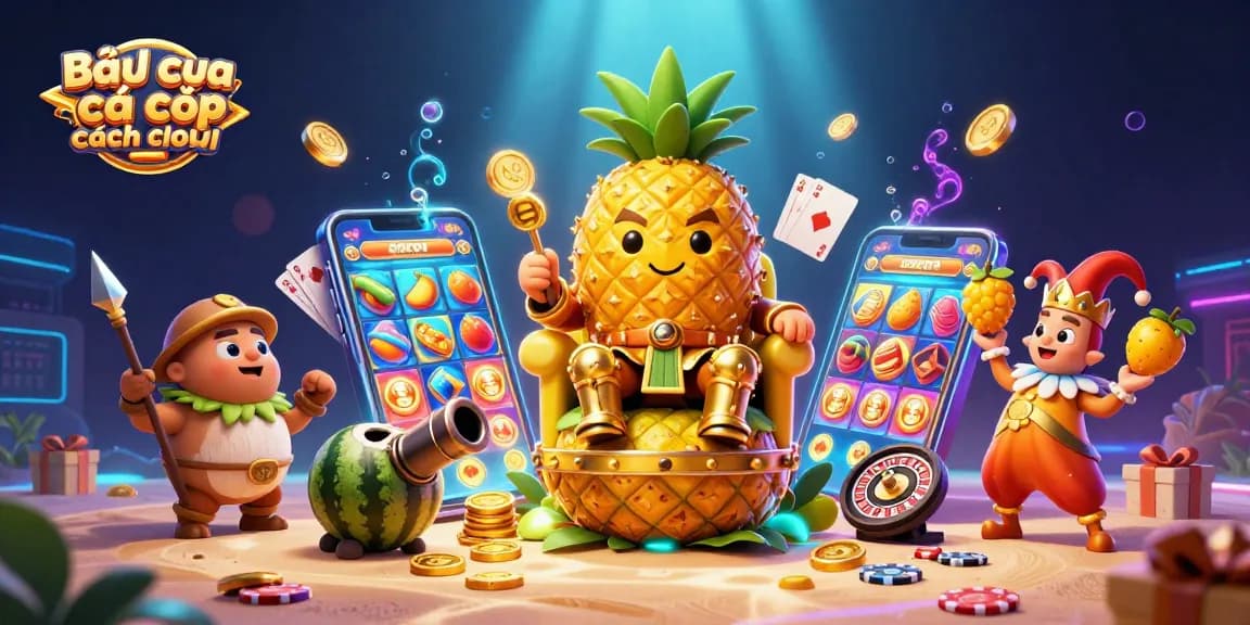 Engage in Bầu cua cá cọp cách chơi with excitement illustrated by golden pineapple king and vibrant casino elements