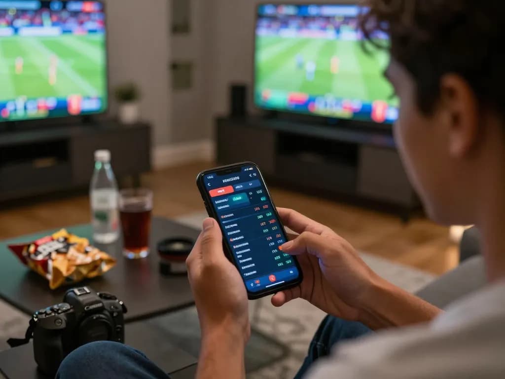 Engaged user placing bets on bk8 mobile app during a sports event, lively atmosphere.