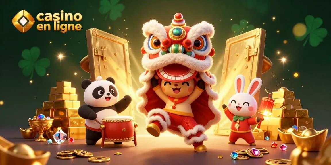 Expérimentez le casino en ligne avec des personnages festifs, entourés de trésors scintillants et éléments de jeu.
