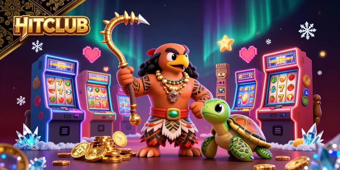 Join HITCLUB's vibrant gaming scene where a Maui-style demigod and turtle embrace classic slot machine excitement.