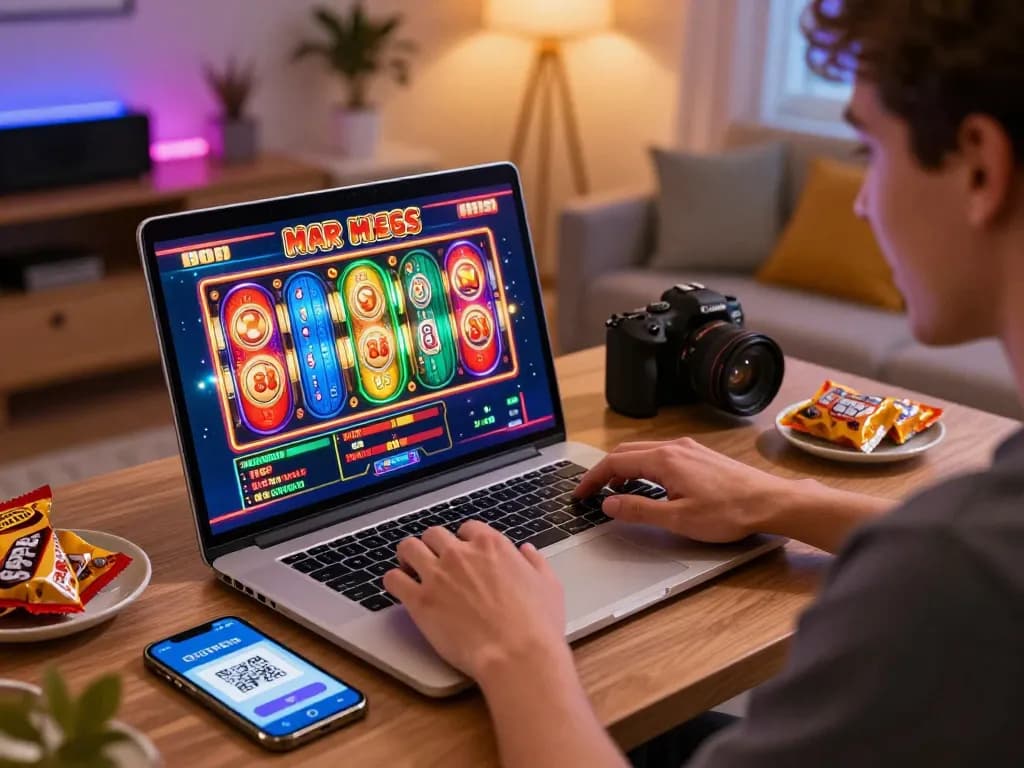 Player enjoying slot88 games on a laptop with colorful reels and QRIS payment interface.