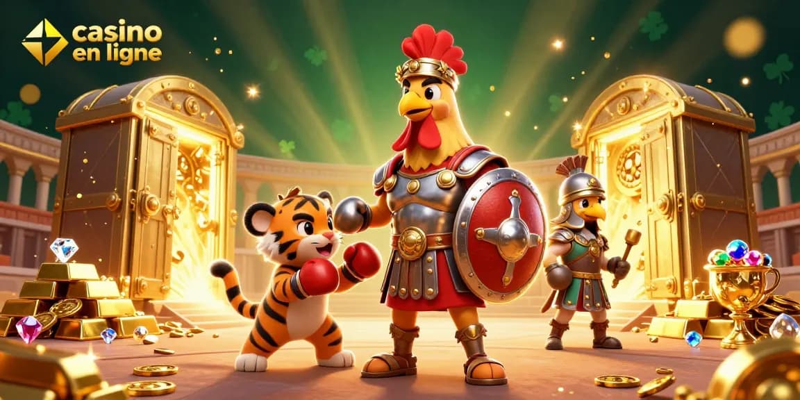 Explorez le casino en ligne avec un coq gladiateur entouré de trésors étincelants.
