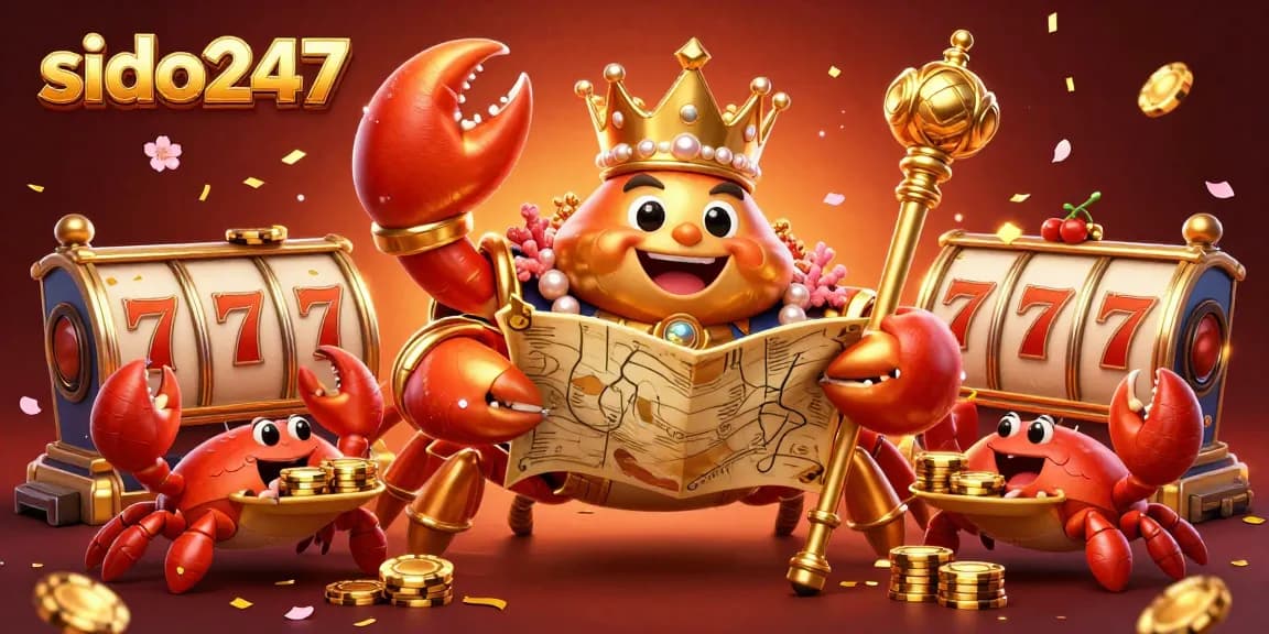 Join the excitement with sido247's golden crab emperor in a vibrant casino scene filled with winning elements.
