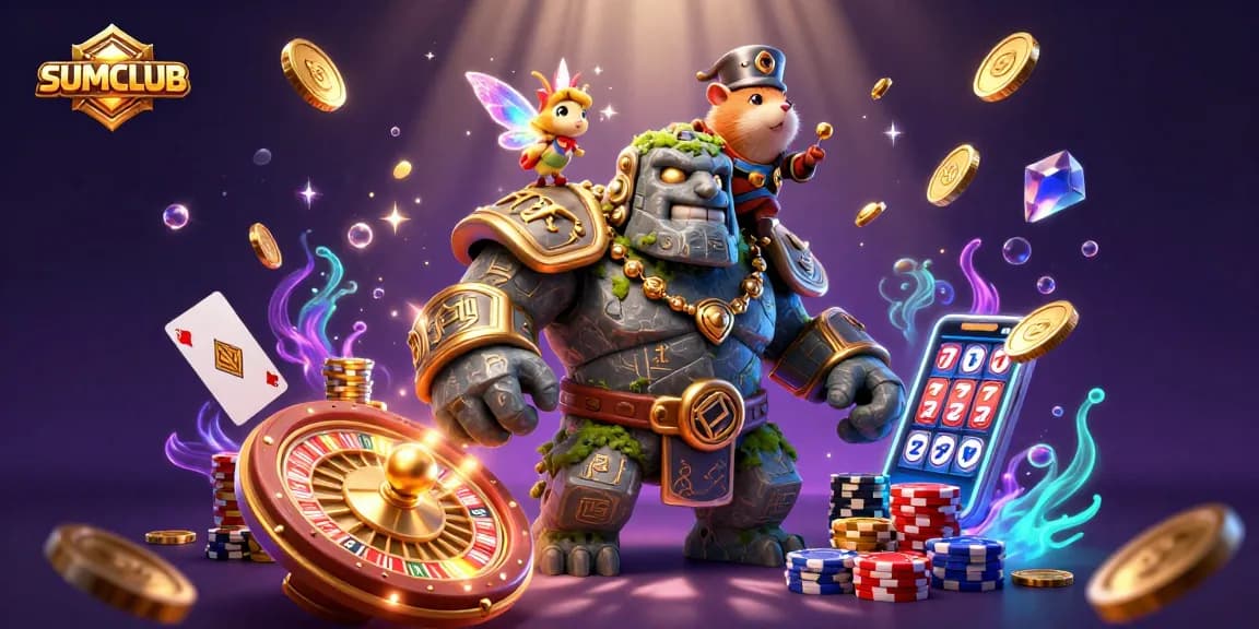 SUMCLUB showcases a vibrant casino world with a magical golem and knight, capturing thrilling gaming excitement.