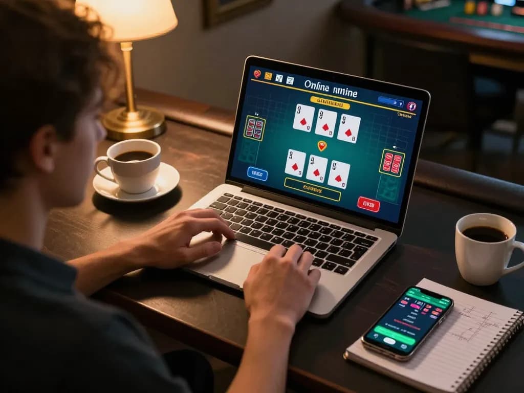 Experience kerajaanslot gaming as a player engages in intense online blackjack from a cozy home setting.