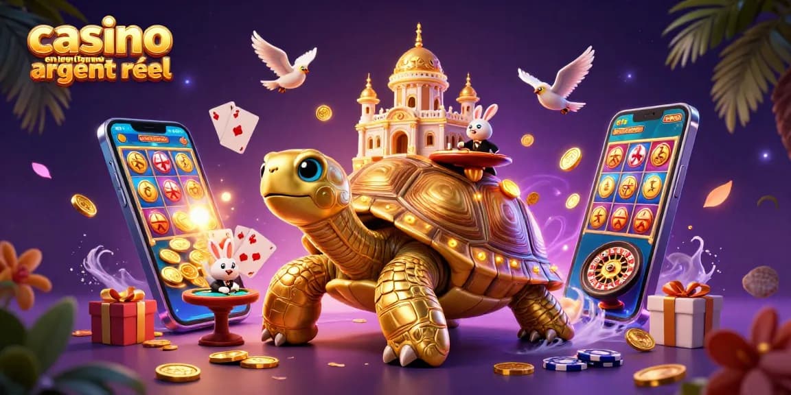Gagnez au casino en ligne argent réel avec notre illustration captivante d'un palais sur une tortue dorée.