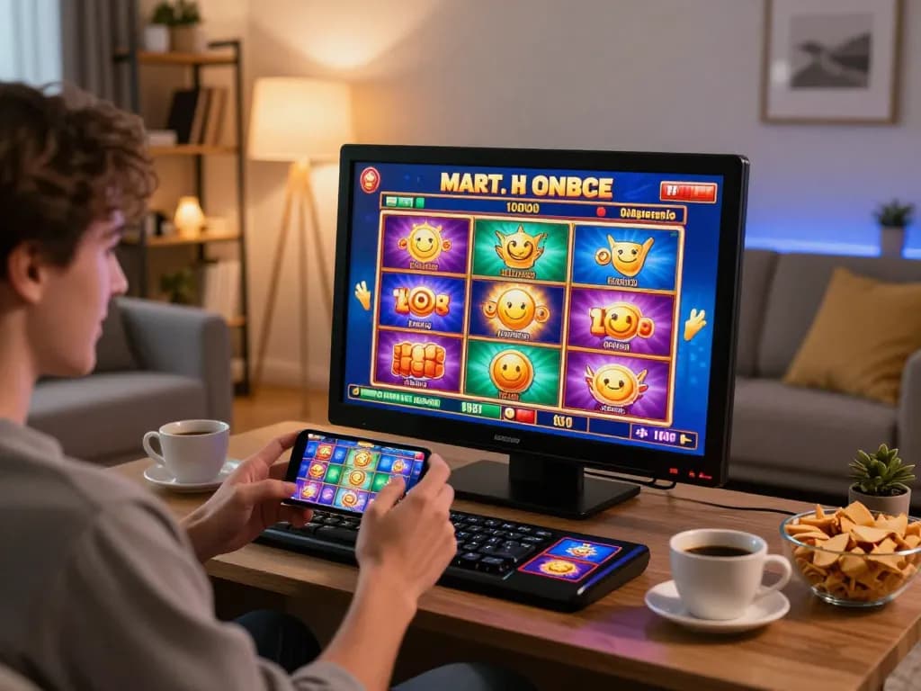 Player enjoying slots on their device at CM88 CASINO in a cozy home setting
