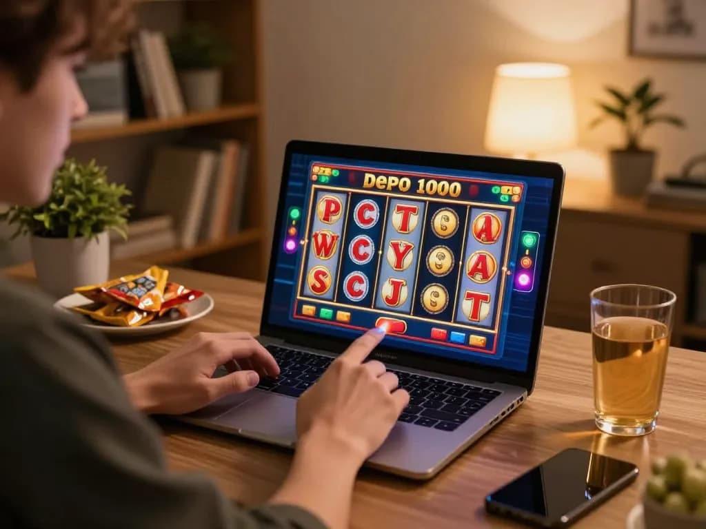 Engaging in slot depo 1000 games from a cozy home workspace while enjoying snacks.