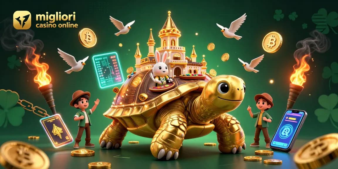 Scopri i migliori casino online con un'illustrazione di una grossa tartaruga d'oro e un tavolo da gioco con un dealer di coniglio.