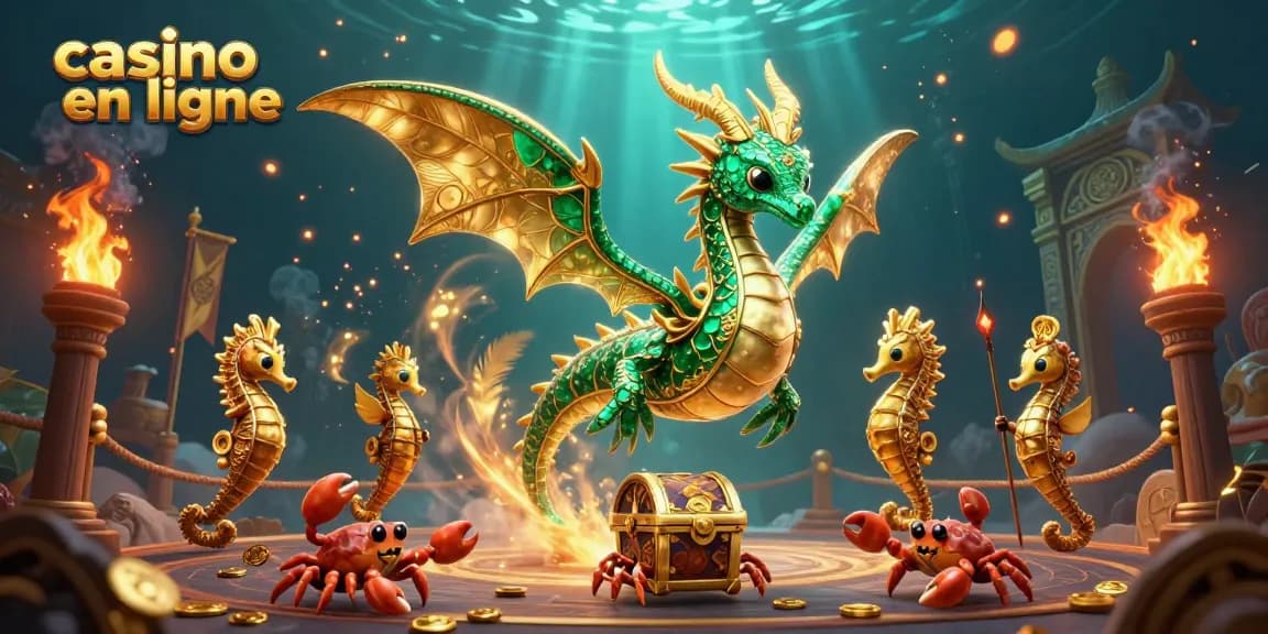 Profitez de l'expérience captivante d'un casino en ligne avec un dragon majestueux et des trésors scintillants.