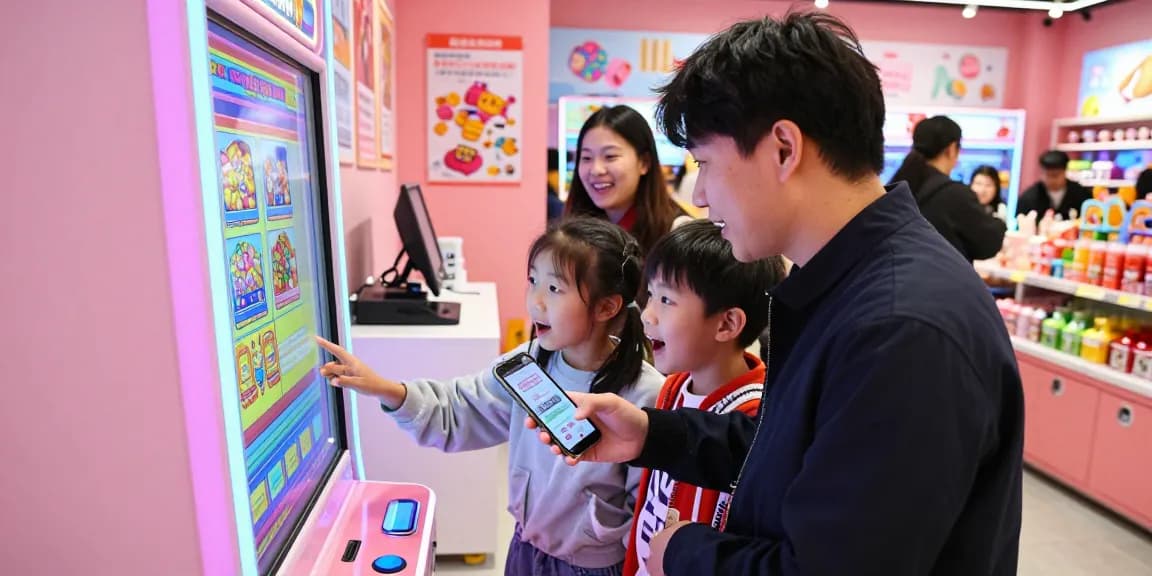 Customer engaging with a colorful slot display in a retail store.