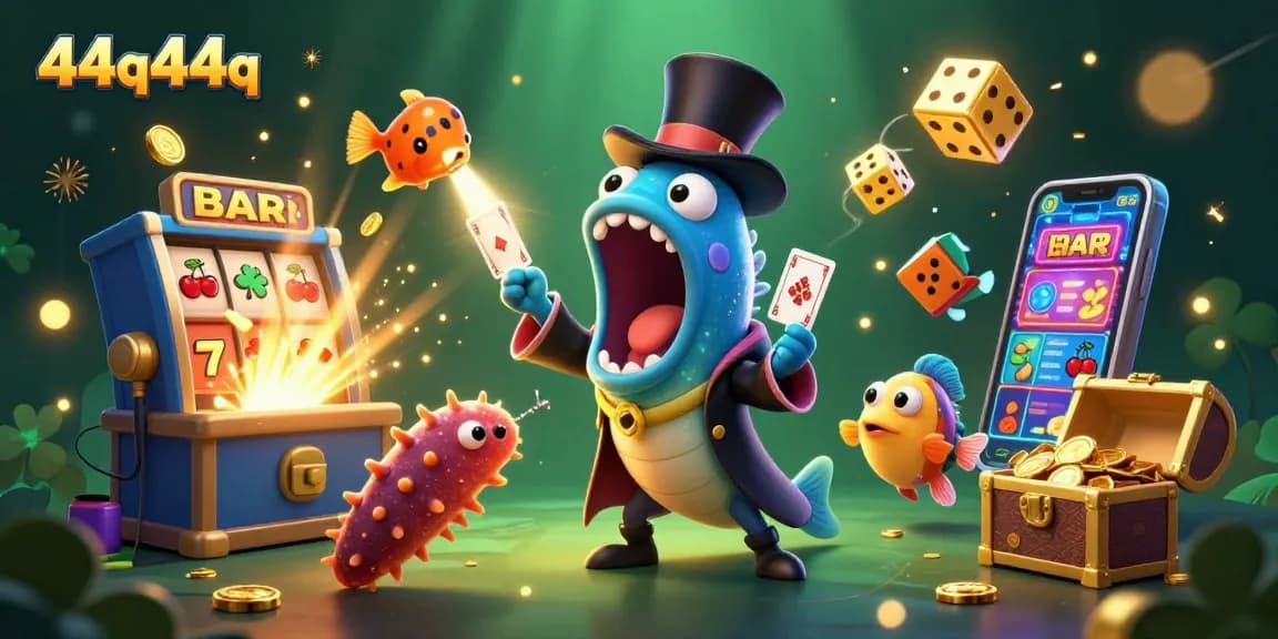 44q44q showcases a magical casino scene with fish characters performing tricks and vibrant game elements.