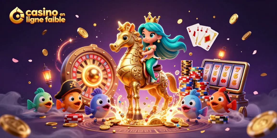 Un jeu captivant de casino en ligne fiable avec des personnages de dessins animés entourés de pièces d'or et de jeux de cartes.