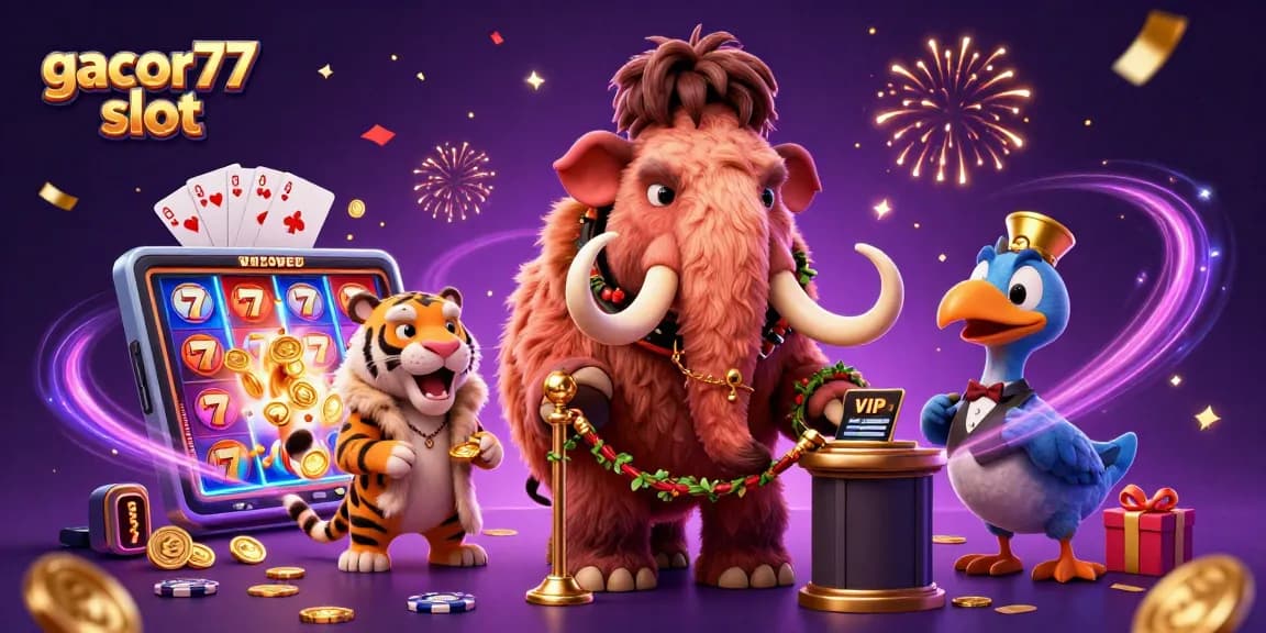 Permainan gacor77 slot yang menyenangkan dengan karakter menghibur di latar belakang yang penuh warna.