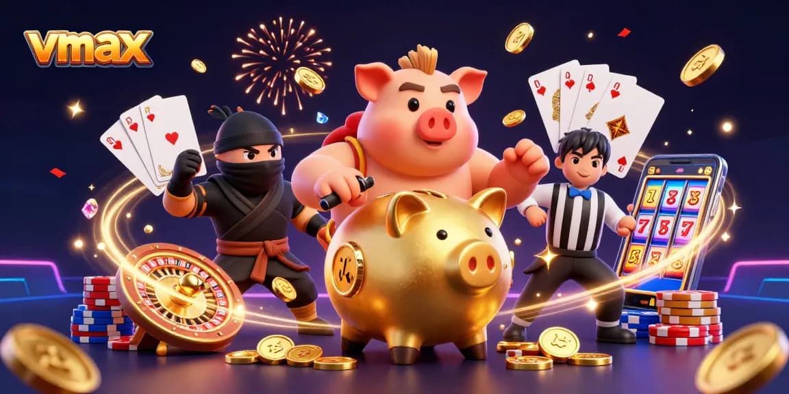 Experience thrilling vmax casino action with a spectacular piggy bank sumo wrestler amid winning coins.