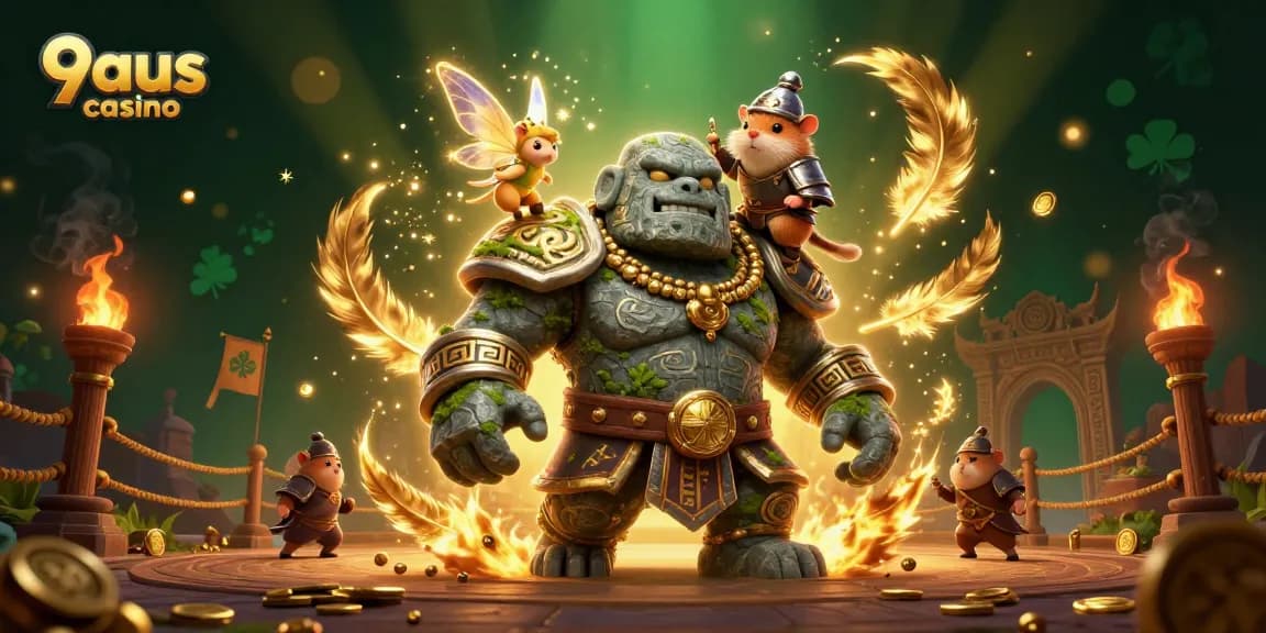 Engage in thrilling gameplay at 9aus casino with dynamic golem guardian and enchanting fairy.
