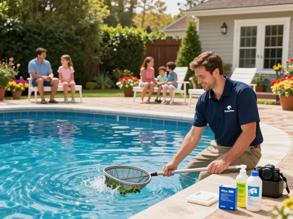 Dolphin Pool Services technician inspecting a sparkling blue pool in a Virginia backyard, surrounded by greenery and equipment.
