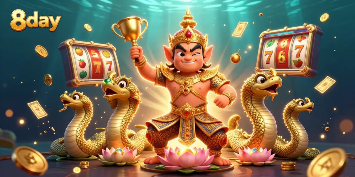 Experience thrilling gameplay with 8day's lively 3D casino scene featuring a golden guardian and slot elements.